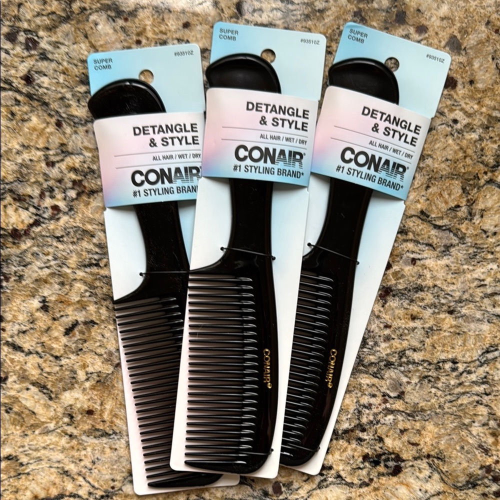 Conair Black Detangle & Style Combs NWT